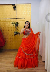 Orange Georgette Print Work Lehenga Choli For Navratri